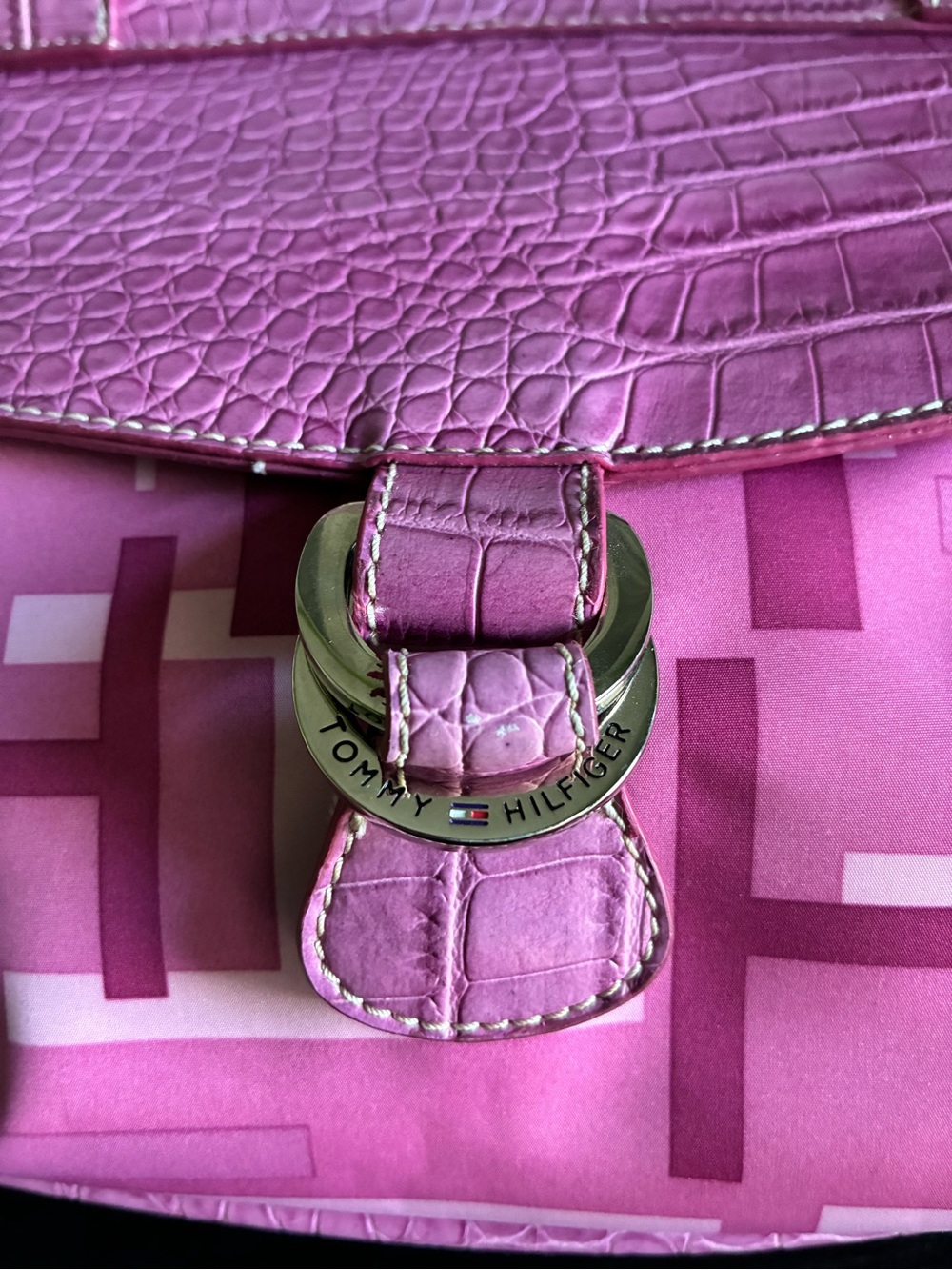 Tommy Hilfiger Pink Croc-Embossed Shoulder Bag with Logo Ring